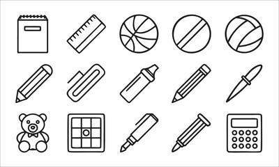 School supplies and sports equipment icons stationery