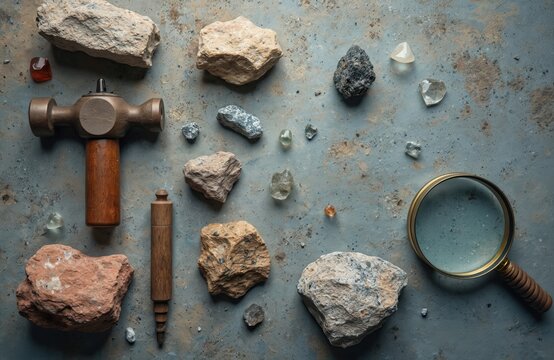Geological tools arranged flat lay rock hammer, magnifying glass, mineral samples. Tools for exploration, science, earth science education, discovery, analysis, research.