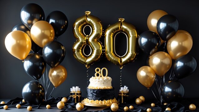 80th Birthday Celebration with Black and Gold Balloons for Anniversary, featuring a blank space for text