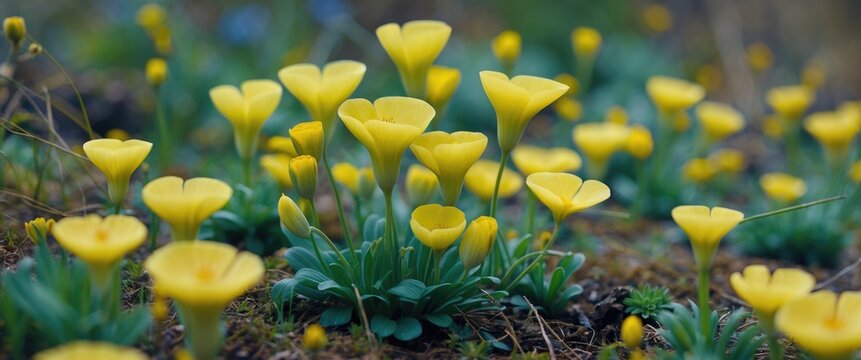 First Flowers in Springtime Eranthis Hyemalis; a small European plant from Ranunculaceae with large yellow, cup-shaped flowers and blank space for text