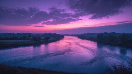 Fototapeta premium Scenery of sky with purple light early in the morning, above the river. With empty copy space for text