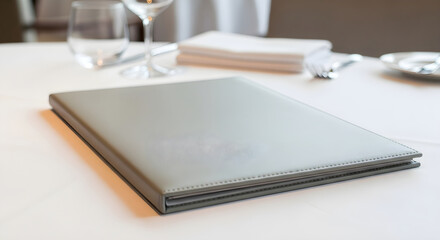 Restaurant menu on the table with glasses and napkins