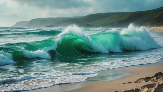Green wave with white sea foam and turquoise water on sandy beach with empty copy space for text