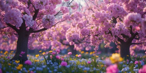 Blooming Spring Flowers of trees. Beautiful flowering trees in a garden. The spring concept. Tree branches in a garden with space for text.