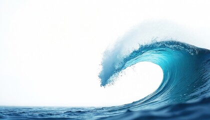 Majestic ocean wave curls with vibrant blue water, white foam against clean white background. Left side offers ample blank space for text, ideal for World Oceans Day promotions summer themes. Splash