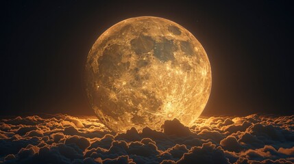 Large, orange moon rises above a sea of clouds under a starlit night sky