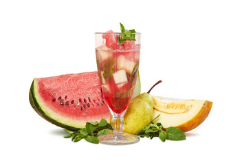 Fruit cocktail with a piece of fruits on a white