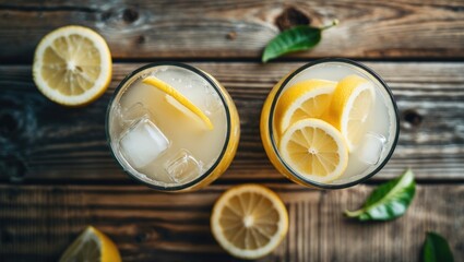 Top View Of Two Glasses Of Fresh Homemade Lemonade On Wooden Background With Empty Copy Space For Text