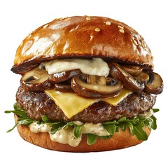 A mushroom Swiss burger isolated on a white background