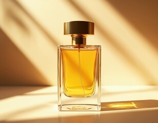 Luxurious golden perfume bottle with elegant amber liquid sits bathed in warm sunlight. Minimalist design, soft shadows create sophisticated atmosphere. Ideal for beauty, fashion, cosmetic