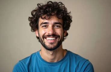 Fototapeta premium Young man with curly dark hair and beard smiles warmly at camera. Wearing a blue t-shirt. Neutral grey background. Captures happiness, enjoyment, and positive lifestyle.
