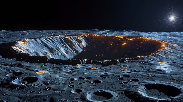Moon surface with glowing crater, dark background, sunburst top right, detailed texture