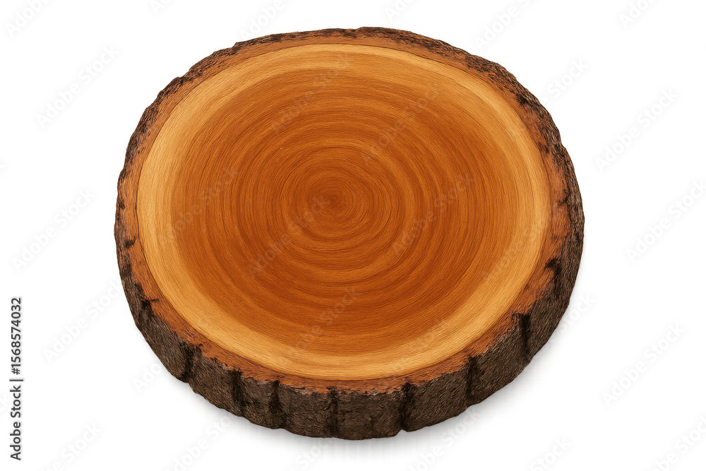 Poster circular wooden cross-section displaying intricate tree rings, natural bark edge, floating on transp