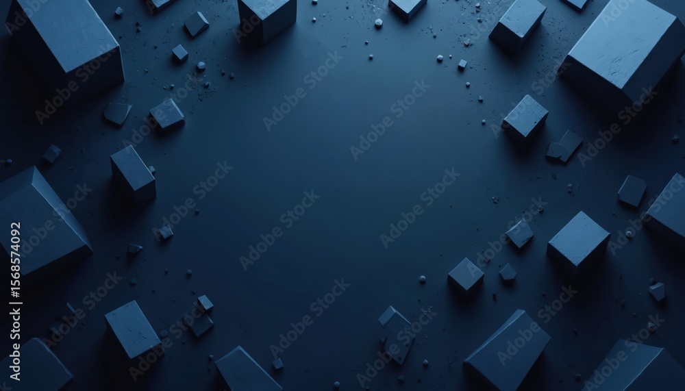 Poster abstract midnight blue background featuring scattered geometric shapes like cubes, triangles. dark t