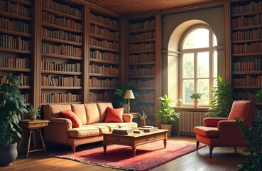 Cozy library nook featuring floor-to-ceiling bookshelves, comfortable orange sofa with accent pillows, matching armchair. Wooden coffee table holds books, with large arched window, rich plants adding