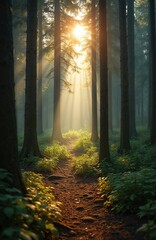 Fototapeta premium Golden sunbeams pierce through dense forest canopy, illuminating a winding dirt path. Rich green undergrowth thrives along the trail. Tall pine trees create a majestic, serene woodland atmosphere.