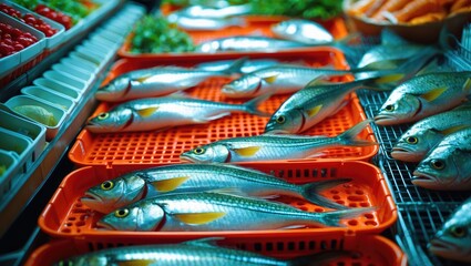 Fresh small-sized Trevally or Yellowtail Scad fish on display in supermarkets with space for text.