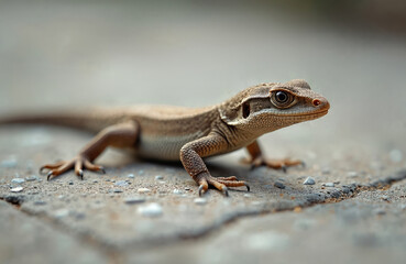 Naklejka premium Closeup lizard crawls on textured ground. Reptile skin detail, tiny claws visible. Naturalistic wildlife portrait, macro shot focuses on small animal.