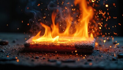 Close-up illustration of fire-resistant material undergoing flame retardant test. Bright orange flames engulf heat-proof construction substance, emitting sparks, smoke. Highlights safety, industrial