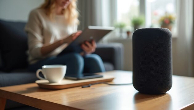 Smart speaker sits on table near blurred person using tablet. Audio device in modern living room, offering wireless sound, voice control. Focus on innovation, automation, smart home convenience for