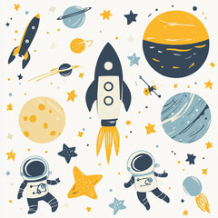 Colorful flat space illustration with astronaut, rocket, planets and stars in soft colors for nursery decor, packaging, children’s celebrations and printable crafts