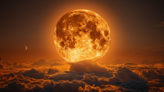 Large, bright orange moon dominates the sky above swirling clouds with faint crescent moon on left - Powered by Adobe