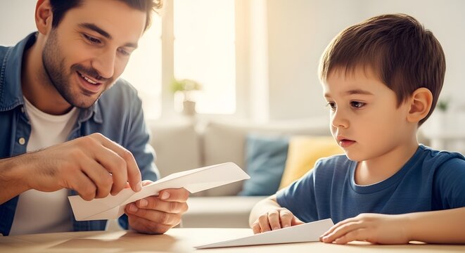 Father's day: dad and son making paper planes at home.