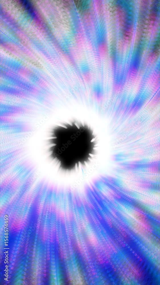 Poster abstract glowing particle burst in vibrant blue, radiating from a bright central point with motion b