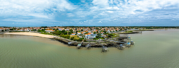 Fishing huts over Randonnee entre Histoire et Nature from a drone, Fouras, Fouras-les-Bains,...