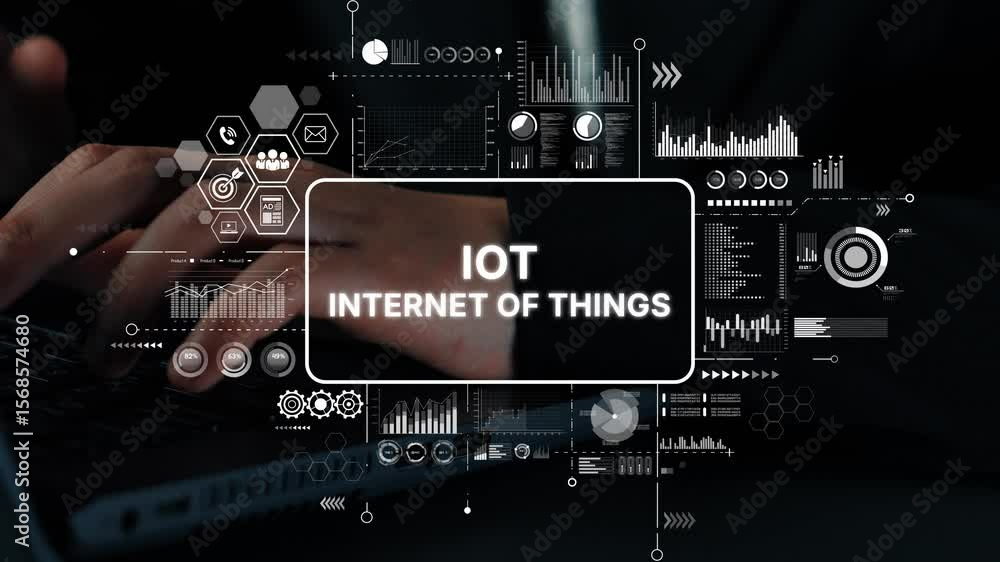 Poster modern technology concept depicting internet of things with data visualization and hands on laptop i