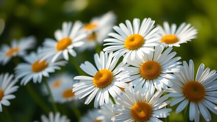 Obraz premium Fresh daisies bathed in sunlight with a soft green background, showcasing delicate petals in close-up.
