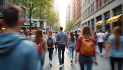 Blurred view of diverse people walking on city street. Urban diversity, inclusion and multicultural community symbolized by crowd movement. City life in a modern metropolis during daytime.