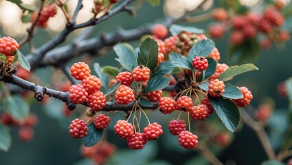 A branch of berry with clusters of red berries and green leaves.