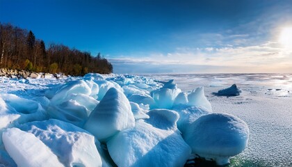 ice hummocks after an ice drift near the high bank