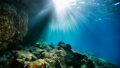Fototapeta premium sunlight streams into underwater cave