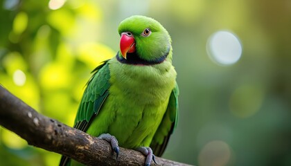 Vibrant green Indian Ringneck parakeet rests on tree branch. Exotic avian features bright red beak, colourful feathers, ring around neck. Nature, wildlife photography highlights beautiful bird in