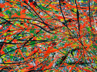 Abstract grunge background made of acrylic latex paint. Green, red, yellow and black spots of...