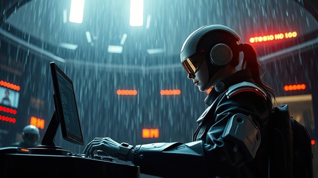 Engineer codes robot during rainy night
