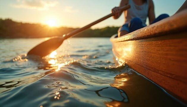 Person steers wooden boat with paddle on water. Sunny summer day, golden hour light reflects on calm lake surface. Close-up of paddle moving water, creating ripples, reflecting sun. - Powered by Adobe