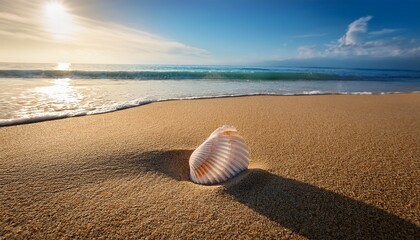 Obraz premium ultra high definition cinematic close up shot of a delicate seashell partially buried in the fine sun kissed sand of a pristine beach
