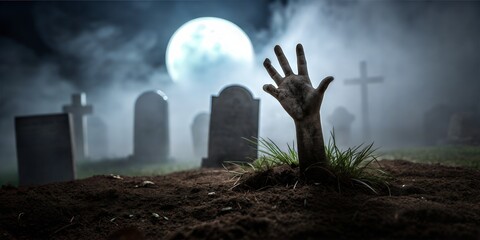 A zombie hand rising from a grave in a spooky graveyard at night.  The full moon illuminates the scene, adding to the eerie atmosphere.