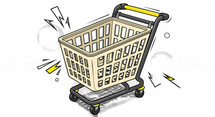 Retro Halftone Shopping Cart with Beige Basket, Dark Gray Frame, and Black Wheels