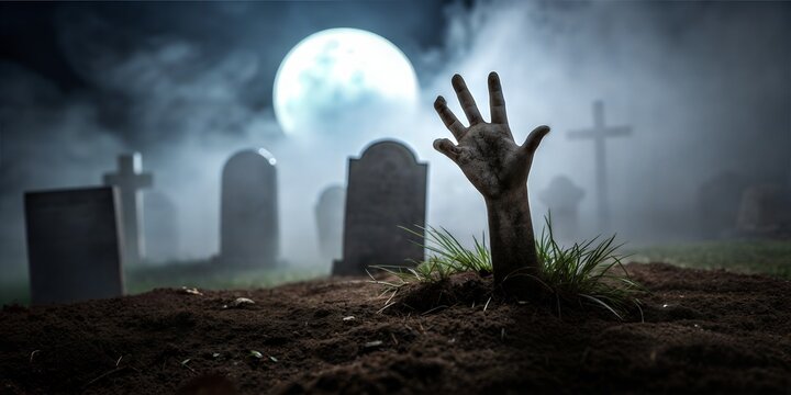 A zombie hand rising from a grave in a spooky graveyard at night. The full moon illuminates the scene, adding to the eerie atmosphere.