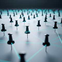 Numerous black pushpins are interconnected by glowing blue lines on a grid, symbolizing networks or data points. Generative AI.