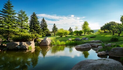 serene pond nestled in lush green landscape surrounded by trees and rocks reflecting clear blue sky above