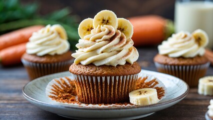 Delicious Carrot Cake Cupcake With Cream Cheese Frosting, Bananas And Cinnamon.