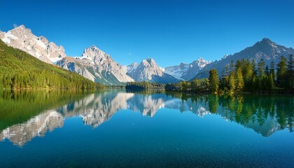 idyllic mountain landscape a serene lake reflecting majestic peaks under a clear blue sky