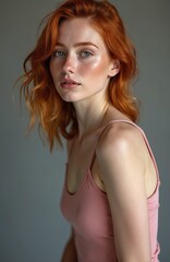 Fototapeta premium Fashion portrait of beautiful redhead woman with freckles. Youthful beauty, flawless skin care, modern style. Attractive model on grey studio background, looking healthy and fresh.