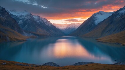 Fototapeta premium Amazing natural landscapes. Mountains lake at sunset.