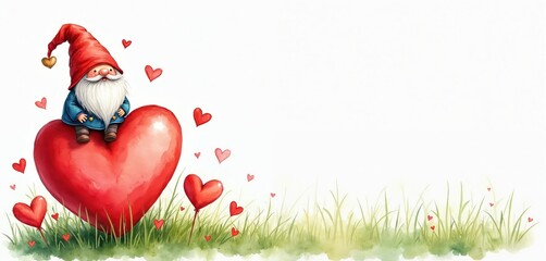 Cute watercolor gnome sits on large red heart, surrounded by smaller hearts and green grass. Adorable character design perfect for Valentine Day cards, romantic invitations, or charming holiday decor.